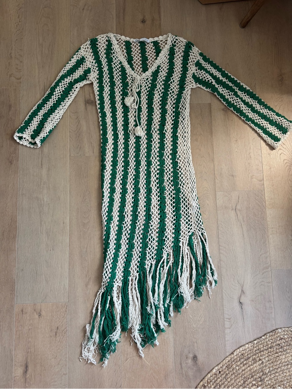 Zara Green and Cream Striped Crochet Fringe Swim Coverup